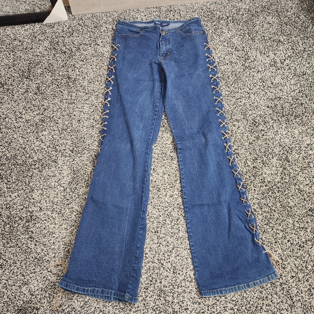Vtg Y2K Lace Up Jeans Western Hippie Low Rise Indie Boho Festival Preppy Sz 1/26